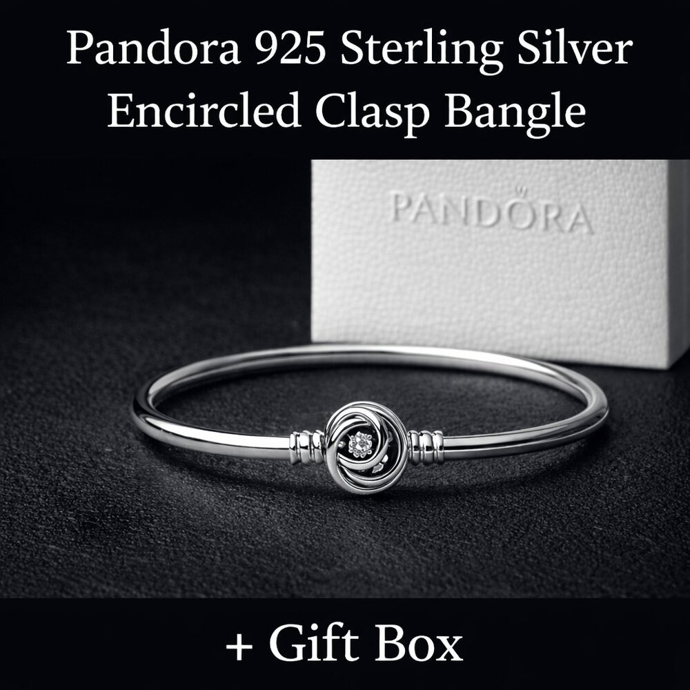 New Pandora 925 Sterling Silver Encircled Clasp Bangle + Gift Box Sz 19